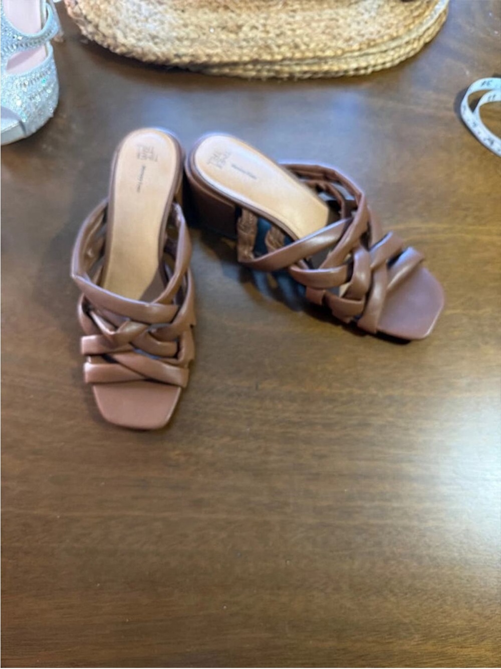 Time and Tru Taupe Braided Block Heel Slide Mules